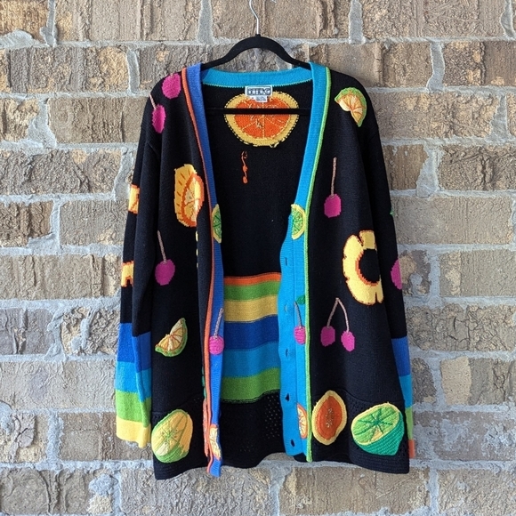 Vintage 80s Berek2 Tropical Fruit Citrus Cardigan Sweater Size Medium - Picture 5 of 8